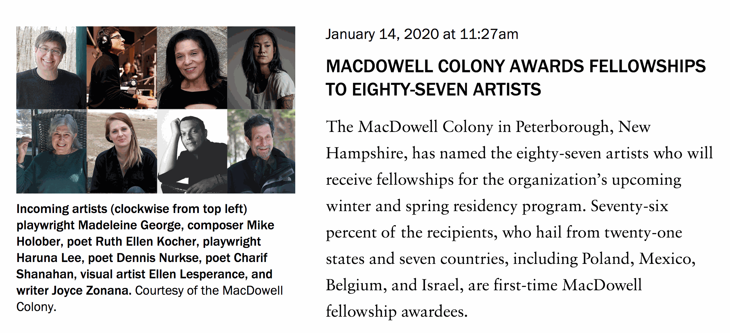 Awarded MacDowell Colony Fellowship 2020