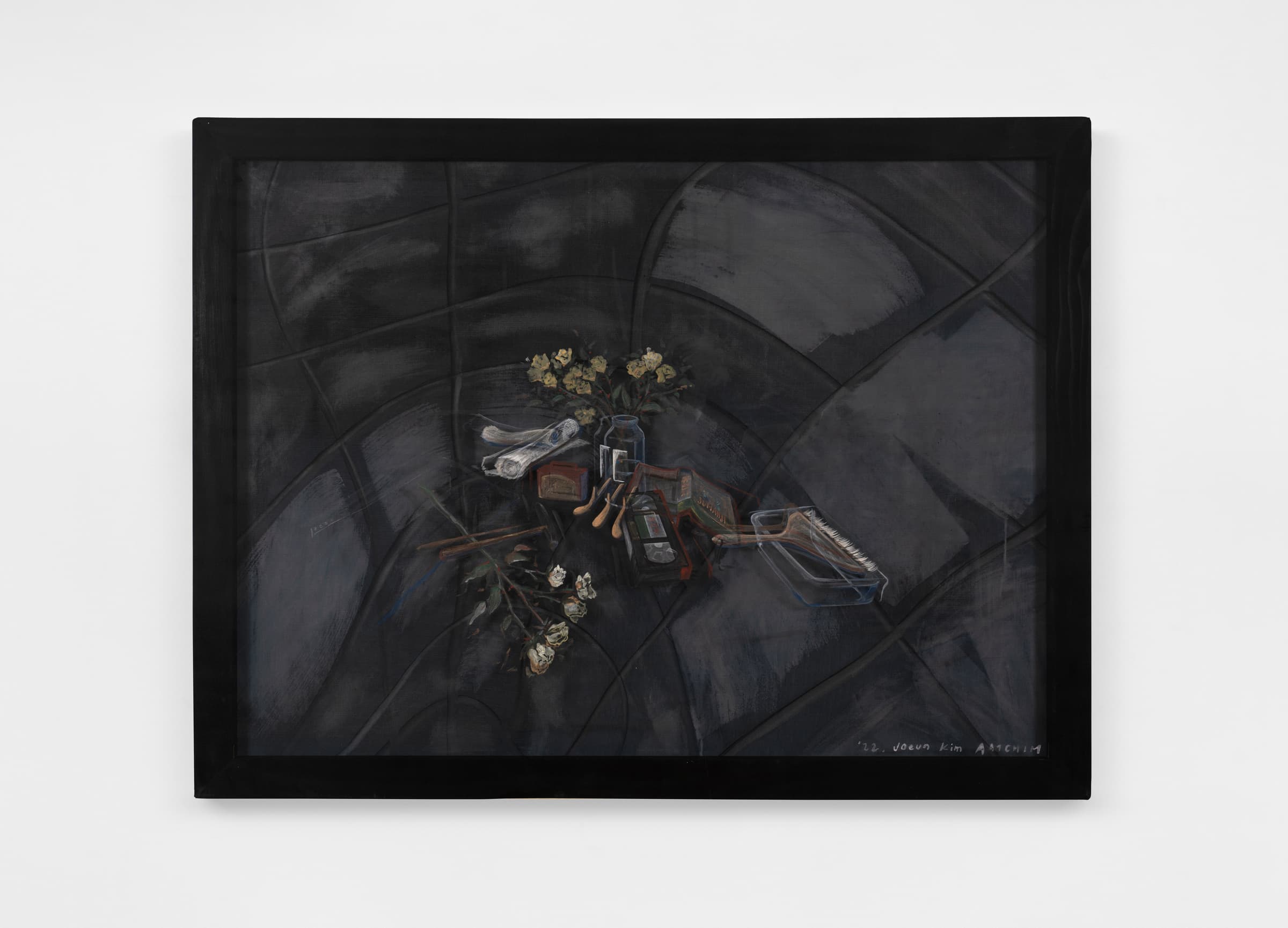 Joeun Kim Aatchim, Still life with Motion Sickness crossing the Memory Palace (Still life with Jumanji, Hansan Mosi, Brass Pedals, the Animal Crackers, and Yellow Roses over the Failed Attempt of Portraying the Marble Floor Apartment)