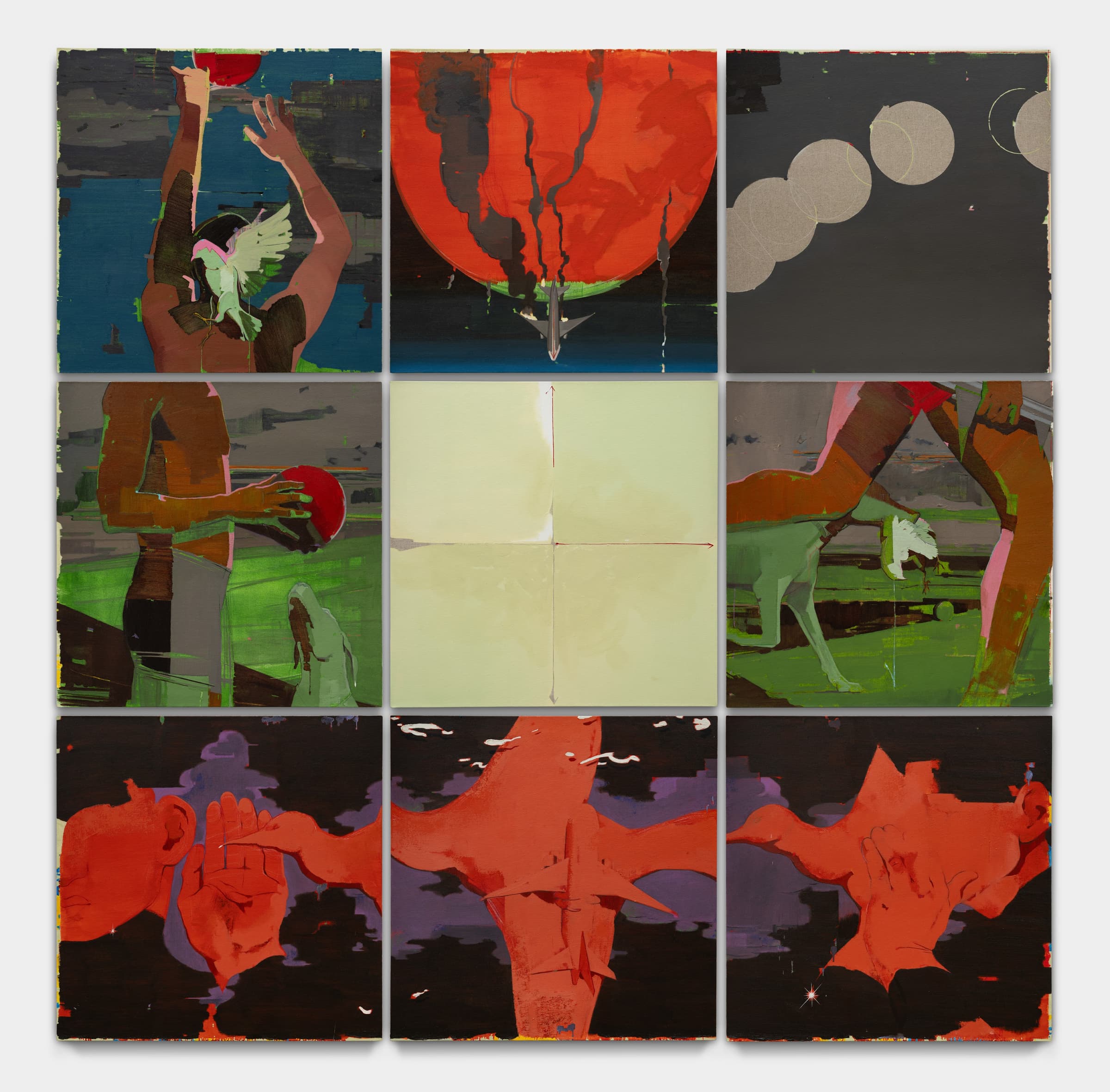 My red is your green, 2023Oil on linen108 x 108 in.274.3 cm x 274.3 cm9 panels, 36 x 36 in. each, My red is your green